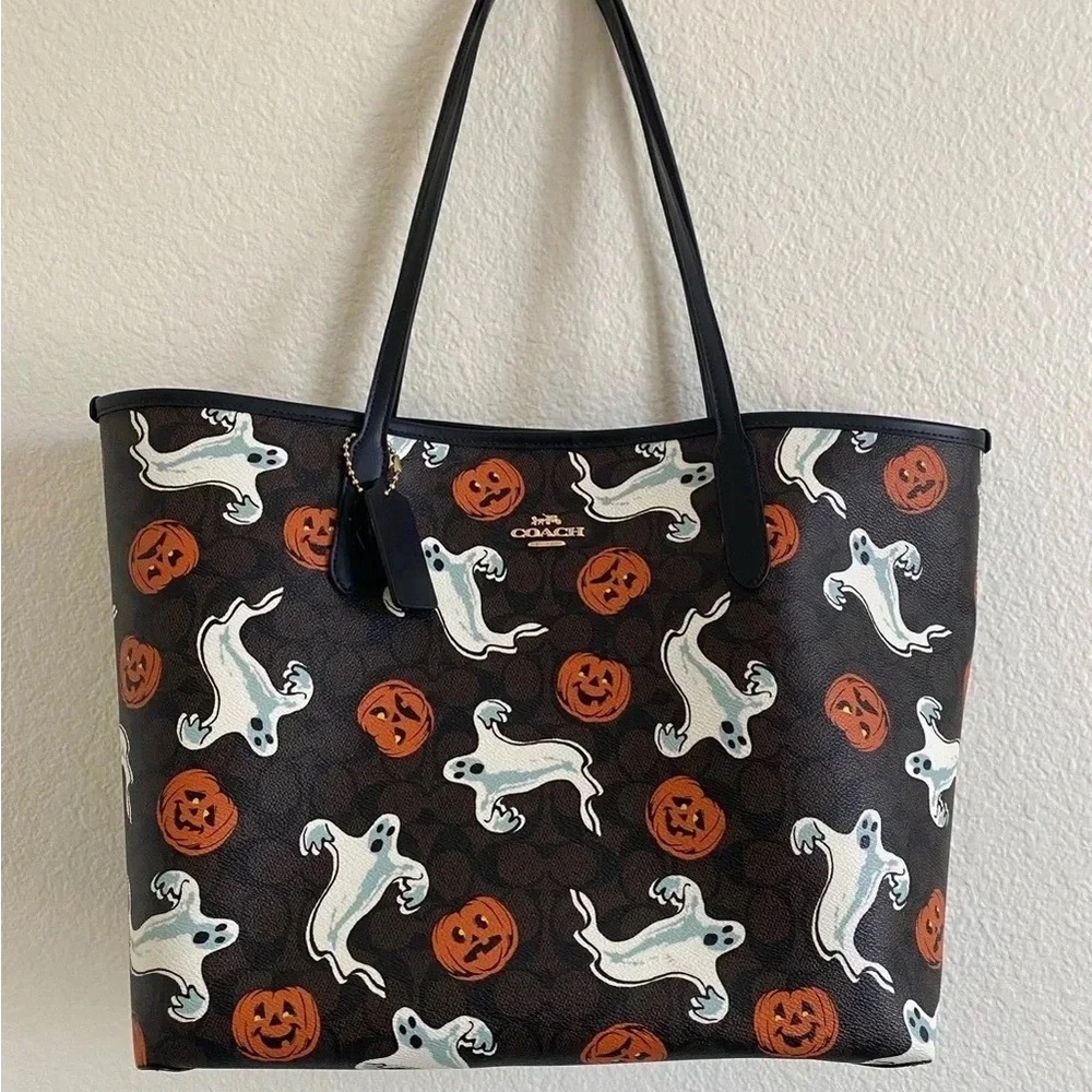 Coach Halloween Ghost & Pumpkin Tote Bag in Black/Orange